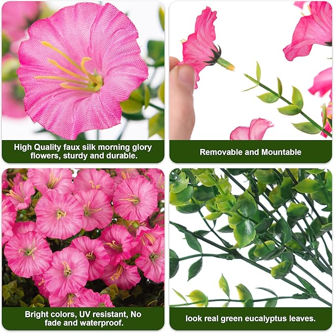 Artificial Flowers for Outdoors Fake Plants Outside Decoration, 12 Bundles Silk Pink Morning Glory with Eucalyptus UV Resistant Look Real Faux Flowers for Planter Front Door Yard Gardens Home