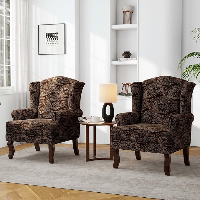 Accent Chair, High Back Upholstered Armchair with High Resilience Sponge & Wood Legs, Mid-Century Modern Comfy Single Sofa Reading Chairs for Living Room, Bedroom (Cranberry, Set of 2)