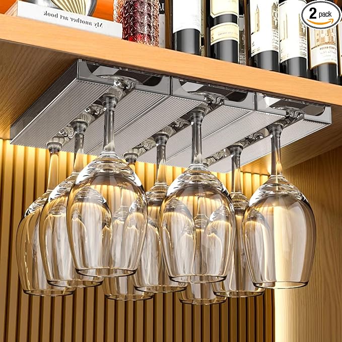2 Pcs Wine Glass Holder,Stemware Rack Punch-free Hanging Under Cabinet for Bar,Kitchen and Restaurant (Grey)