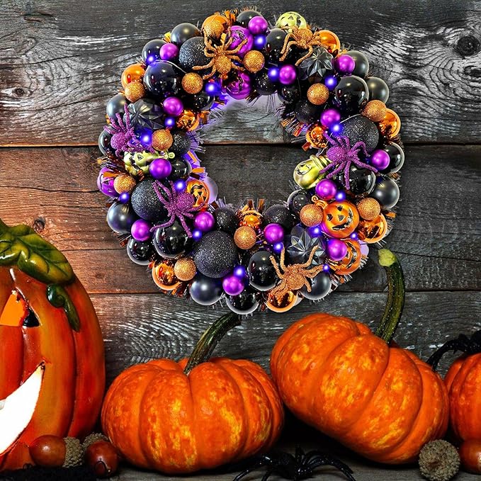 17 Inch Halloween Ball Wreath for Front Door with Lights, Lighted Cute Treat-or-Trick Door Wreath Ball Ornament for Halloween Indoor Decorations Centerpiece Party Holiday Wall Home Decor