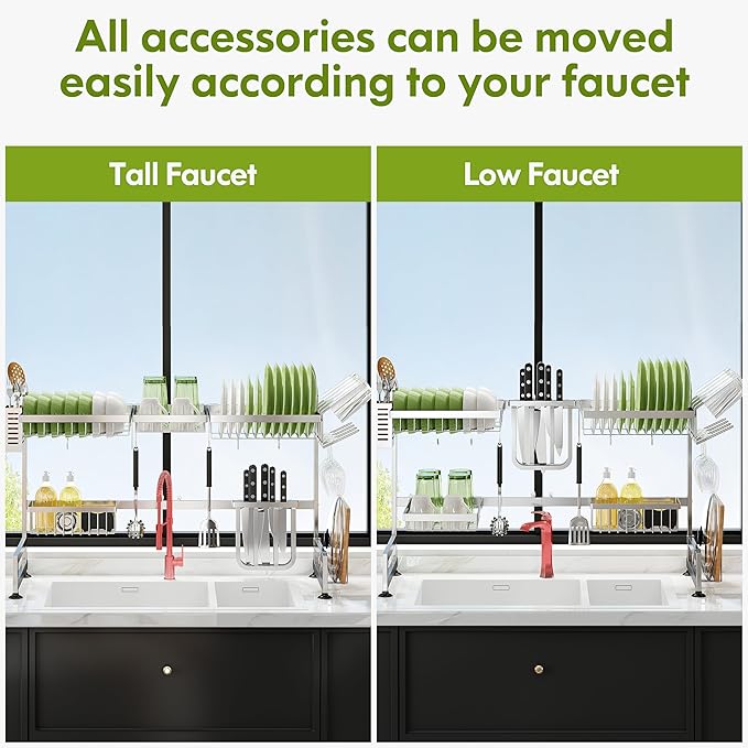 2 Tier Extra Large Stainless Steel Expandable Over The Sink Dish Drainer Drying Rack, Rust Proof Metal, Space Saving, Modern Silver Big Capacity Extendable Plate Strainers Above Kitchen Counter