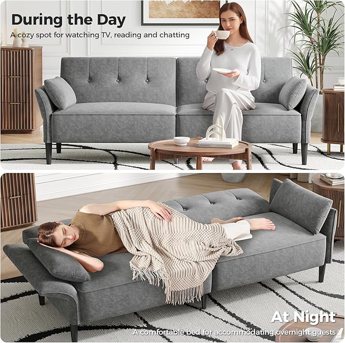 89” Futon Sofa Bed, Comfy Futon Couch Bed with 2 Square Pillows, Convertible Sleeper Sofa with Adjustable Backrest& Armrests, Modern Loveseat Sleeper for Living Room, Bedroom, Light Gray
