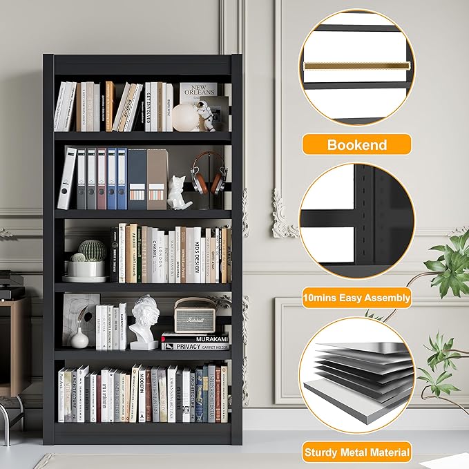 Bookshelf, 5 Tier Metal Bookshelf, 69" H Tall Bookcase with Adjustable Shelves, Large Industrial Bookshelves for Living Rooms, Home Offices, Library, 10 Minutes Assemble