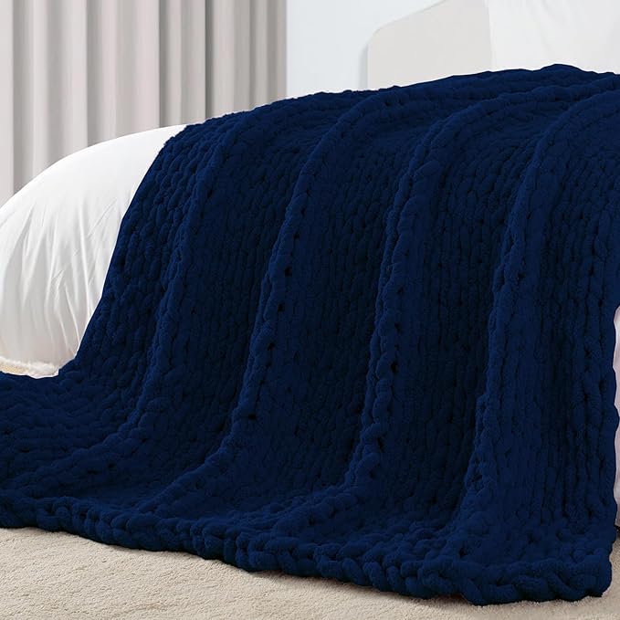 Carriediosa Chunky Knit Throw Blanket 60" X 80" Twin, 100% Hand Made Large Chenille Loop Yarn Soft Fluffy Throws for Couch Sofa Bed, Big Crochet Cozy Heavy Thick Cable Woven Blankets, Navy Blue
