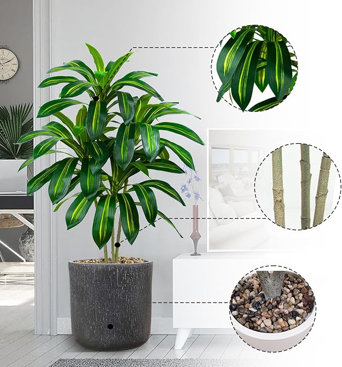 Artificial Dracaena Tree Artificial Silk Tree Faux Tree with White Tall Planter Fake Tropical Yucca Floor Plant (2, White Planter, 4 FT)
