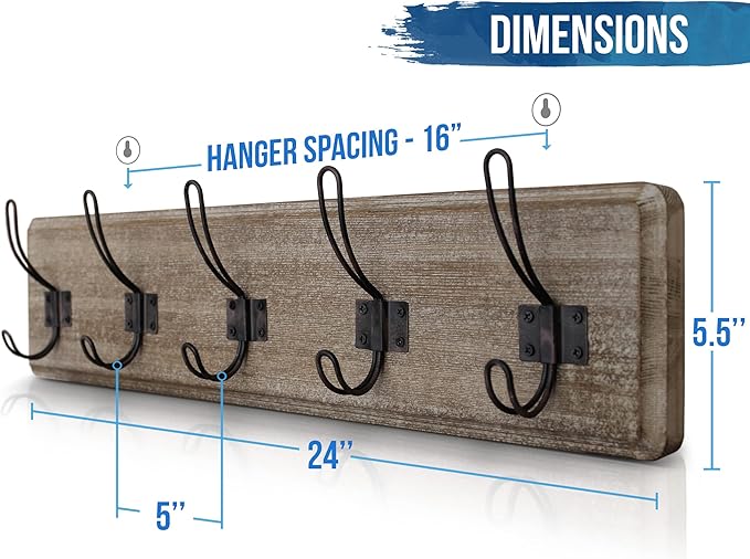 HBCY Creations Weathered Rustic Coat Rack Wall Mount with 5 Hooks, Solid Pine Wood 24 inch Wall Hooks for Entryway, Mudroom, Hallway, Bathroom - Vintage Farmhouse Style Wall Mounted Towel Rack