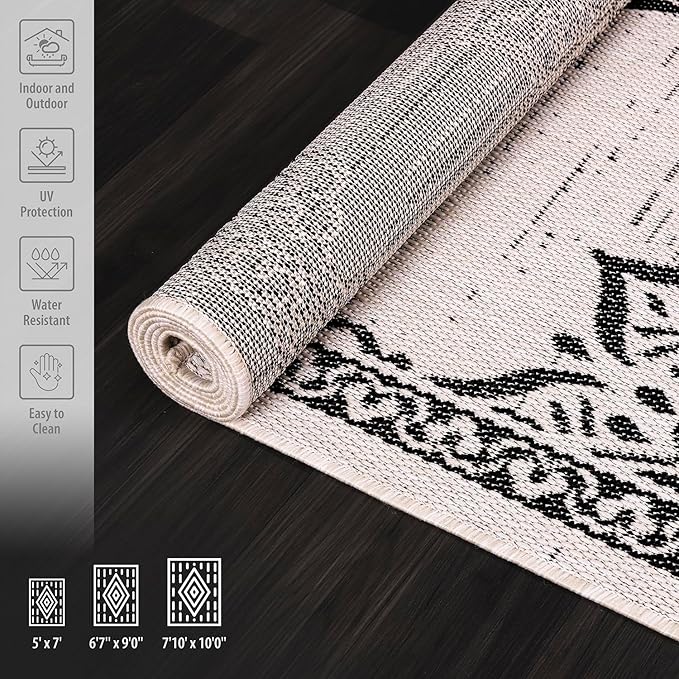 CAMILSON Outdoor Rug, 5x7 Medallion White Black Modern Area Rugs for Indoor and Outdoor Patios, Kitchen and Hallway Mats, Washable Porch Deck Outside Carpet (Medallion White, 5 x 7)