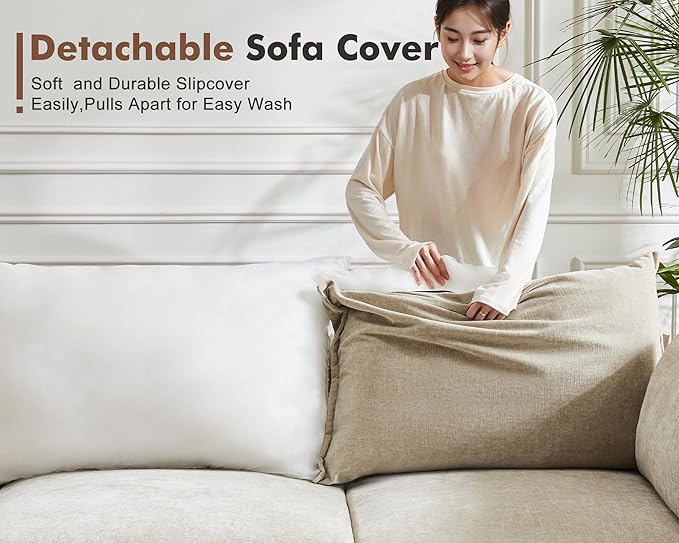 134.6" Modular Sectional Sofa, Oversized 4 Seater Couch with Removable Beige Chenille Fabric Cover, Deep Seat & High Backrest for Living Room, Office & Apartment