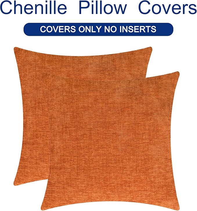 CaliTime Fall Throw Pillow Covers Decorative 18 X 18 Inches Pack of 2 Cozy Chenille Cushion Cases for Couch Sofa Bed Living Room Home Burnt Orange