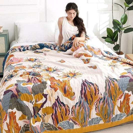 Boho Throw Blanket for Bed - 100% Pure Organic Cotton Ultra Soft Rustic Quilt - Farmhouse Decor Bed Blankets, All Season Rustic Throw for Sofa Couch Chair(91''x 98'', Floral)