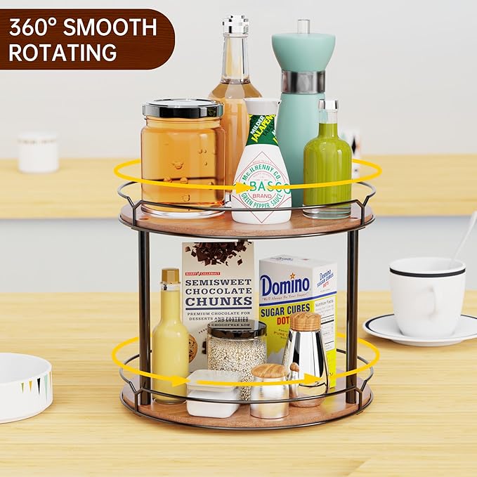 12.4" Lazy Susan Organizer 2 Tier - Rotating Spice Rack, Wooden Spinning Spice Holder for Inside Cabinet, Pantry, Kitchen, Countertop, Bathroom and Vanity, Versatile Storage