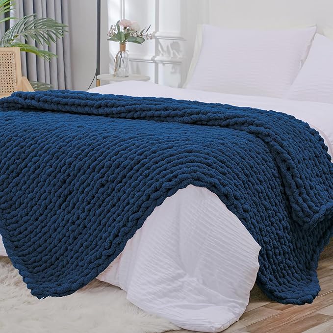 Bigacogo Chunky Knit Throw Blanket for Couch, 51x63 inches, 100% Hand Knitted with Thick Jumbo Chenille Yarn, Cozy Soft Large Rope Knot Cable Crochet Blankets for Sofa Bed Living Room, Navy Blue