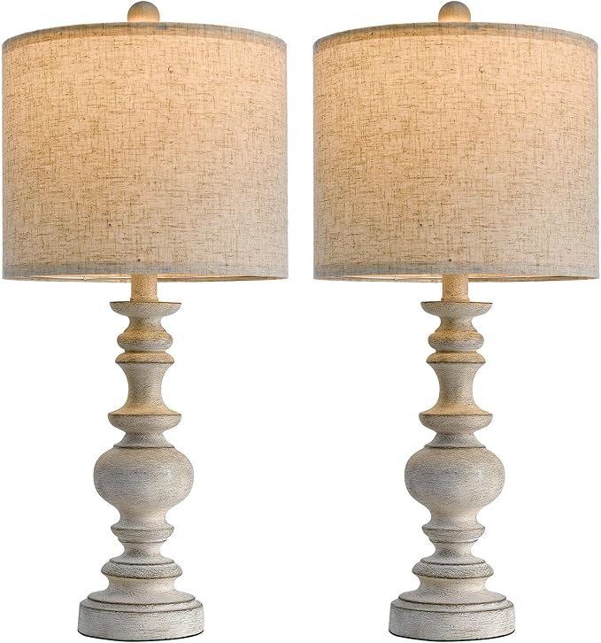 BOBOMOMO 24" Farmhouse Retro Table Lamp Set of 2, Traditional Resin Lamps for Living Room Bedroom, Vintage Bedroom Lamps with Linen Shades, Rustic Table Lamps for Living Room, Nursery, Office