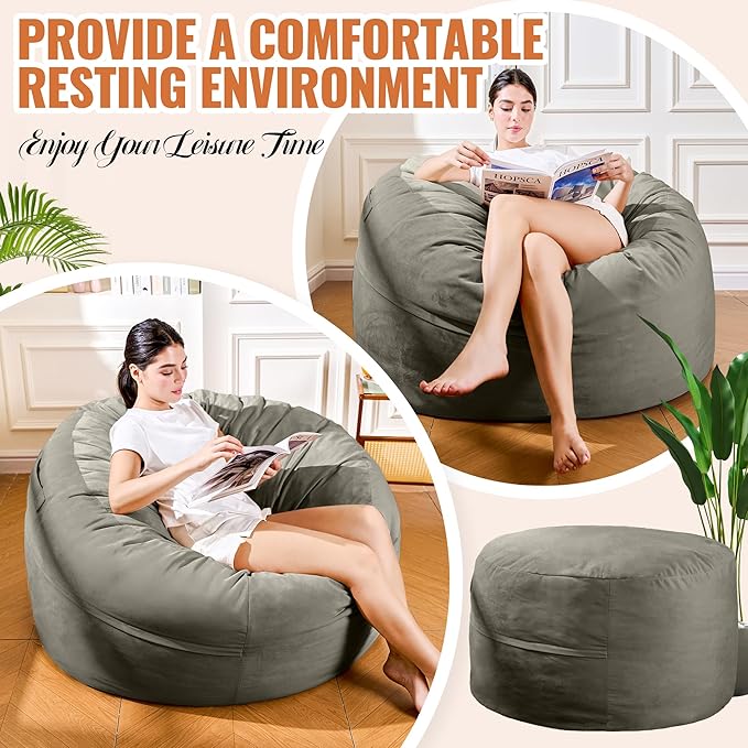 4FT Bean Bag Chair: Bean Bag with Velvet Cover, Fluffy and Comfy Bean Bag Chairs for Adults and Kids, Bean Bag Sofa Filled with High-Density Sponge for Gaming (Dark Grey)