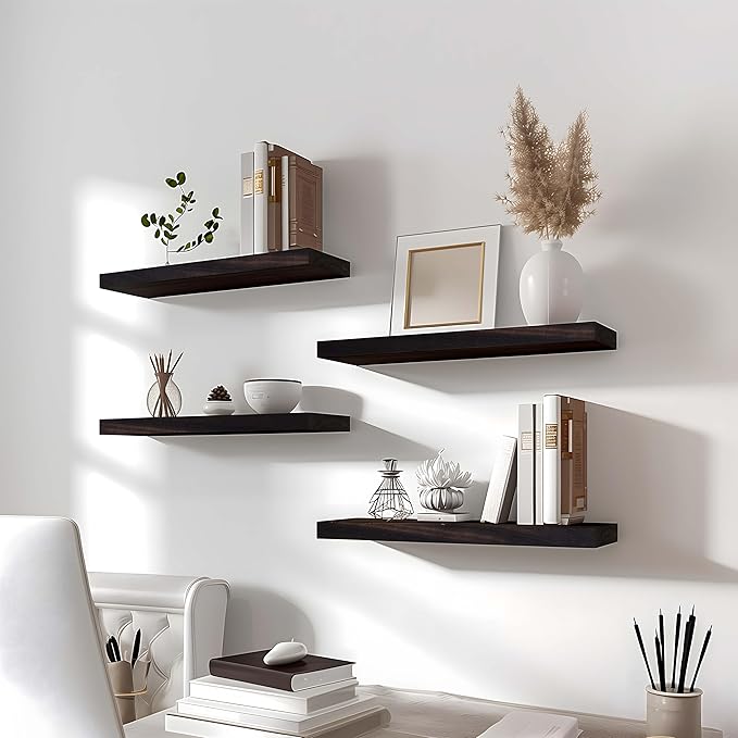 Brown Wood Floating Shelves for Wall Rustic Wall Shelves for Bedroom Set of 6