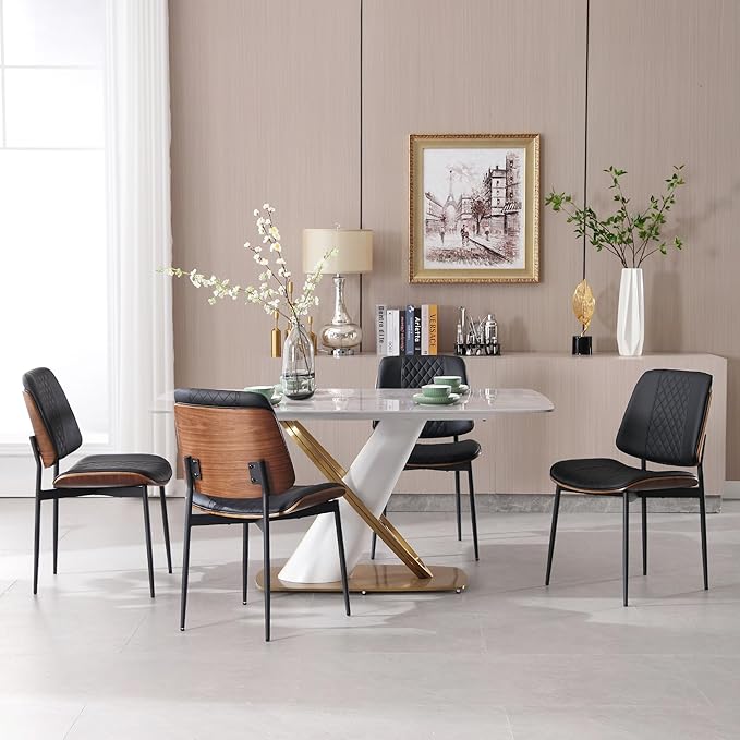 BV Dining Chairs Set of 4, PU Leather Armless Kitchen Chair in Modern Walnut Style, Mid Century Bentwood Side Chair with Metal Legs, Retro Accent Guest Chair for Kitchen Dining Room(Black)