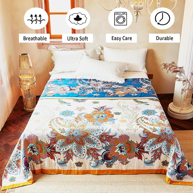 Boho Throw Blanket, 100% Organic Cotton Breathable Ultra Soft Bed Quilt Throw - All Season Floral Bird Butterfly Farmhouse Decor Blanket for Sofa Couch Chair and Gift. 60" x 80"