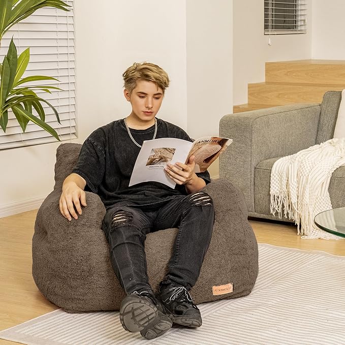 Bean Bag Chair with Filler, Bean Bag Sofa with Tufted Soft Stuffed Filling, Fluffy and Lazy Sofa, Comfy Cozy BeanBag Chairs with Memory Foam for Dorm, Apartment, Living Room (Brown)