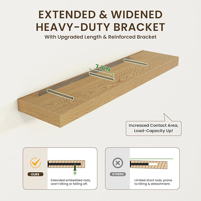 12 Inch Deep Floating Shelves for Wall, 48W x 12D Rustic Oak Wood Floating Shelves, Large Floating Shelves Set of 1 for Living Room Bathroom Laundry Room Bedroom Kitchen Home Office - Oak