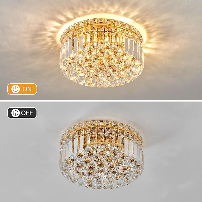 4-Light Gold Crystal Chandeliers Flush Mount Chandelier Light Fixture with K9 Crystals Modern Ceiling Lights Elegant Round Lamp for Bedroom,Hallway,Bar,Living Room,Dining Room,H5.9 xW13.7