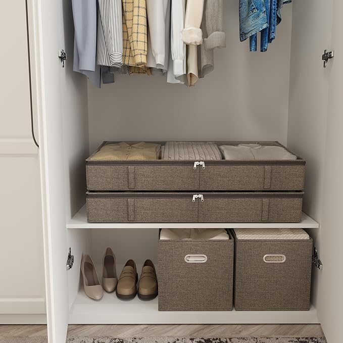 Brown Low Profile Under Bed Storage Containers 5 inches high, 33.8"x 17.7"x 5.1", Sturdy Underbed Shoe Storage Organizer, Foldable Fabric Under the Bed Storage Bins - Pack of 2