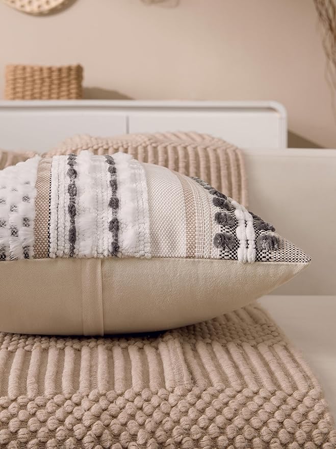 Boho Chenille Tufted Couch Throw Pillow Covers 18x18 Inch Set of 2 Farmhouse Striped Decorative Pillow Covers Accent Neutral Square Pillowcase Grey Cushion Covers for Livingroom Sofa Bed