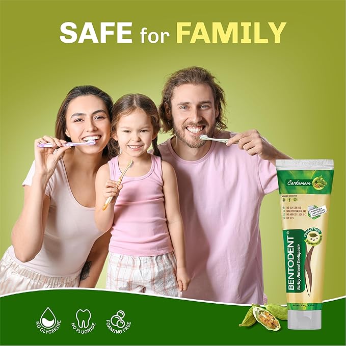 BENTODENT Fluoride Free Remineralizing Calcium Bentonite Clay Toothpaste - Cardamom Flavor Natural Toothpaste, Mint-Free, 3.52 oz - Mineral Tooth Paste Ideal for Sensitive Teeth & Whitening