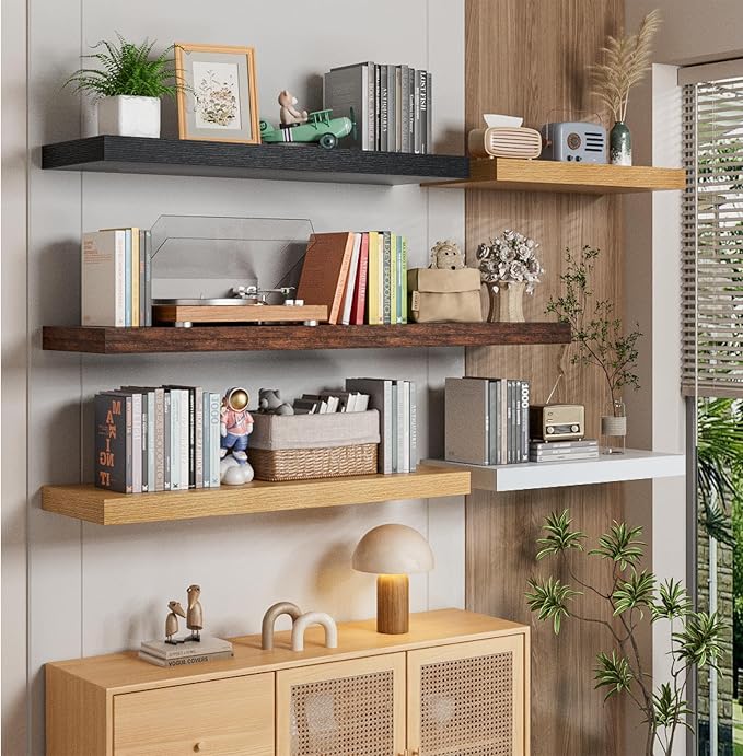 Heimlove 12" Deep Black Floating Shelves for Wall, 24 Inch Wall Shelf Bathroom Shelves Set of 2, Wall Mounted Shelves for Books Living Room Laundry Room Bedroom Kitchen Home Office