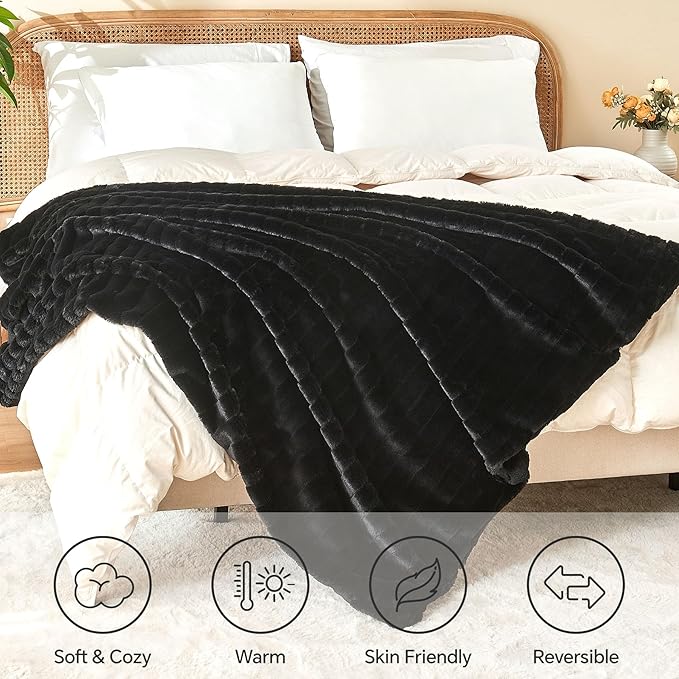 BEDELITE Faux Fur Throw Blanket for Couch, Soft and Cozy 3D Ribbed Fluffy Blanket, Thick Warm Plush Fuzzy Faux Rabbit Fur Blanket for Women Gift (Black, 50"x 60")