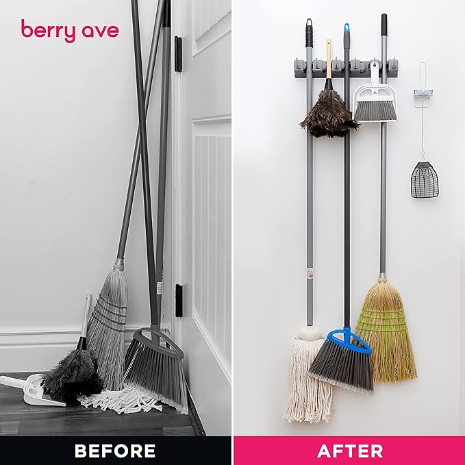 Berry Ave Broom Holder Wall Mount and Garden Tool Organizer, Closet Storage, Kitchen Rack, Home Organization and Garage Organizer for Rake or Mop Handles Up to 1.25-Inches, Hanger Plus 6 Hooks (Grey)