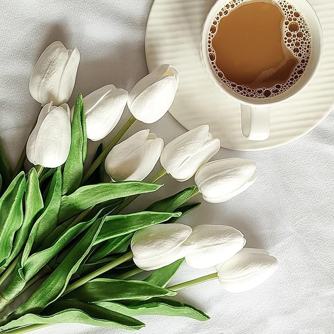 20pcs White Artificial Tulip Fake Flower 12.9 Inch Spring Mother's Day Easter Gift for Home Kitchen Wedding Decoration