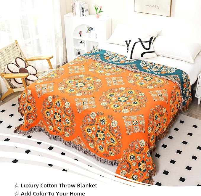 Boho Large Throw Blanket, 100% Organic Cotton Breathable Soft Bed Throw - Floral Farmhouse Decor Blanket for Sofa Couch Chair and Gift. 91" x 98"- Orange
