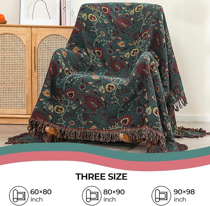 Boho Fall Throw Blanket for Bed，100% Ultra Cotton Soft Breathable Bed Throw Floral Printed Farmhouse Decor Rustic Bed Throws for Couch Sofa Quilt 80" x 90"