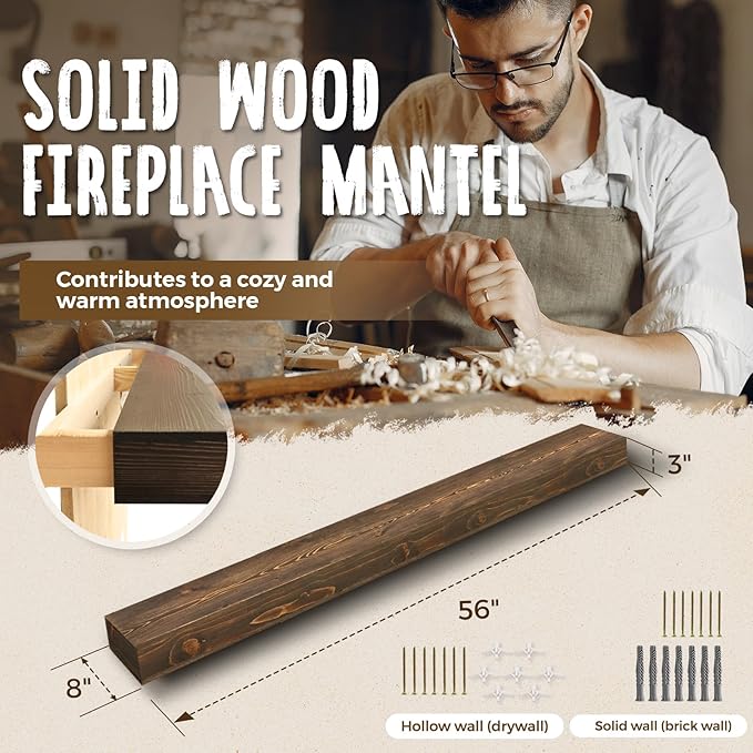 56x8x3 Fireplace Mantel - Handcrafted Hollow Rustic Solid Wood Wall Mounted Floating Shelf with Invisible Heavy Duty Wood Bracket (Weathered Brown)