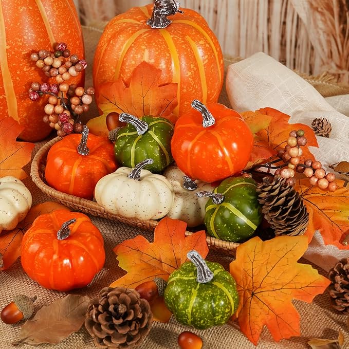 Artmag Pumpkin Decor Set, 25 PCS Fall Artificial Maple Leaves, Harvest Pumpkins, Acorns, Pine Cones and Orange Berry Stems Decorations for Fall Thanksgiving Table Decor