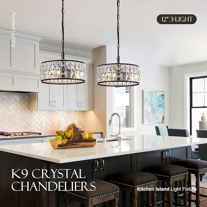 12” 3-Light Modern Crystal Chandeliers Black Dinning Room Light Fixture, Round Pendant Light Kitchen Island Chandelier, Flush Mount Ceiling Light for Living Room Entryway Bedroom Foyer
