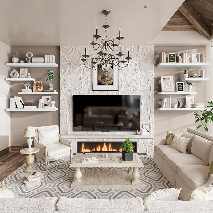 Heimlove 12" Deep White Floating Shelves for Wall, 24 Inch Wall Shelf Bathroom Shelves Set of 2, Wall Mounted Shelves for Books Living Room Laundry Room Bedroom Kitchen Home Office