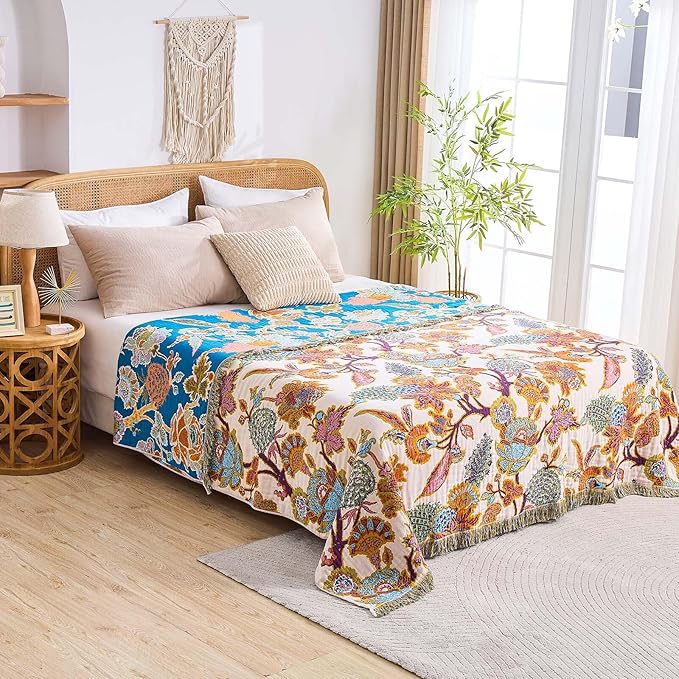 Boho Throw Blanket for Bed, 100% Cotton Soft Rustic Quilt Fall Blanket, 90"x98" Floral Printed Farmhouse Decor Bed Blankets, All Season Rustic Reversible Bohemian Throw Quilt
