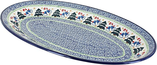 Blue Rose Polish Pottery Winter Bells Oval Platter