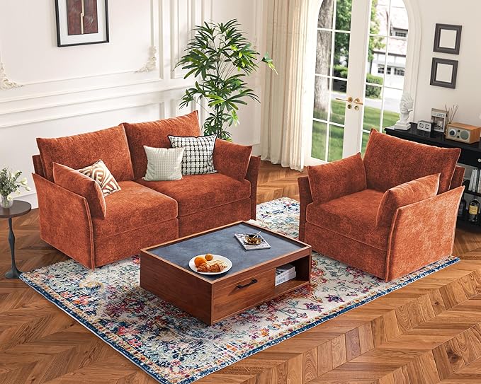 136.4" Oversized Modular Sectional Sleeper Sofa Bed, U Shaped Convertible Couch with Movable Ottoman, Large 8 Seat Corner Couches for Living Room Deep Seat Terracotta Orange Chenille