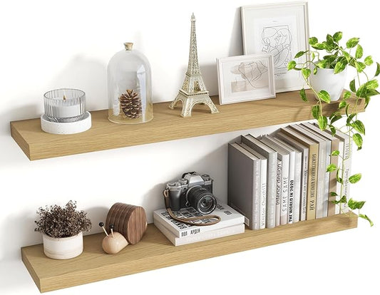 36 Inch Floating Shelves, 8 Inch Deep Floating Shelves for Wall, Hanging Shelf with Invisible Brackets, Deep Shelves for Bathroom, Bedroom, Living Room, Oak, Set of 2