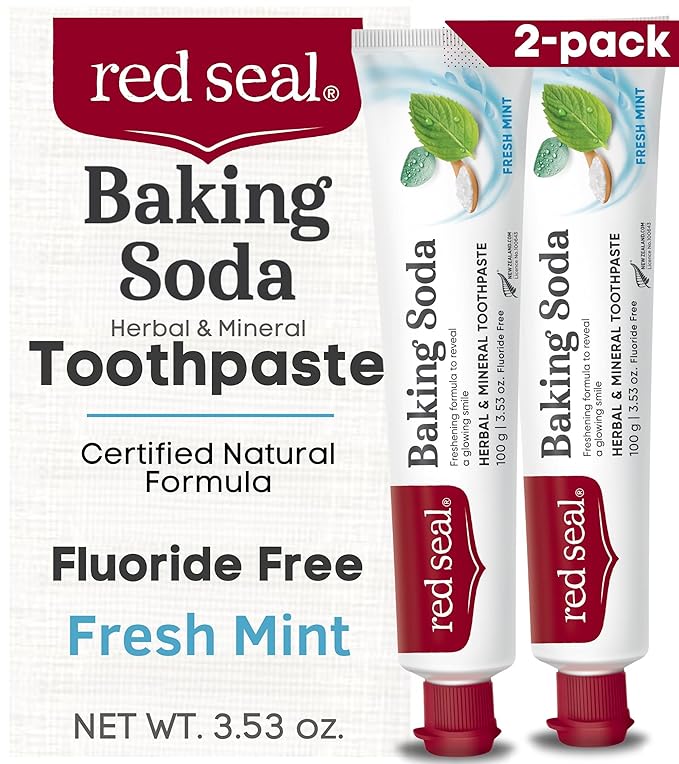 Red Seal Baking Soda Toothpaste - Fluoride-Free Herbal & Mineral Formula, Vegan-Friendly, Cruelty-Free, SLS and Paraben-Free, No Artificial Flavors, NATRUE Certified Natural, Dry Mouth Relief (2 Pack)