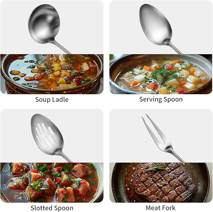 304 Stainlss Steel Kitchen Utensils Set, 11 Pcs Long Metal Cooking Utensil Gadgets Tools Set with Spatula, Ladle, Spoon, Ladle, Skimmer, Tunner, Pasta Server, Tongs(Silver, Dishwasher Safe)