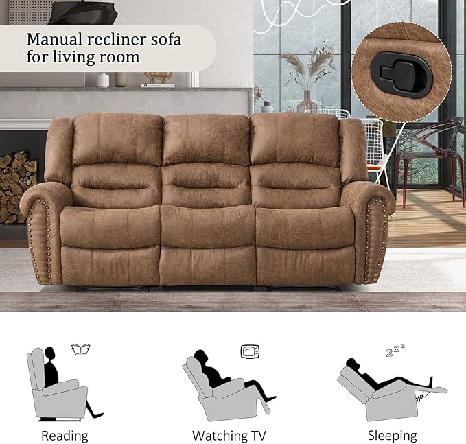 CANMOV Faux Leather Manual Recliner Sofa Set,Manual Reclining Sofa and Recliner Loveseat with Overstuffed Armrest for Living Room,Bedroom Furniture,Office,Nut Brown