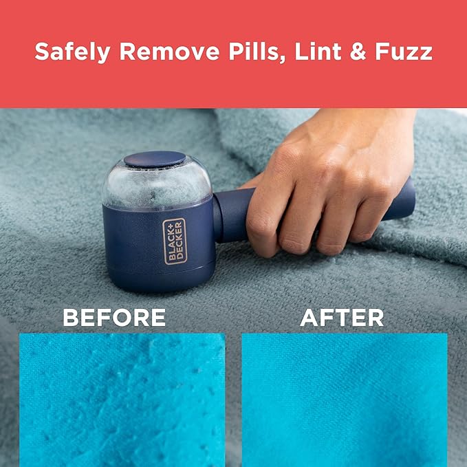 BLACK+DECKER Rechargeable USB-C Fabric & Garment Shaver – Large Capacity Lint Remover for Clothing and Upholstery, 6 Stainless Steel Blades