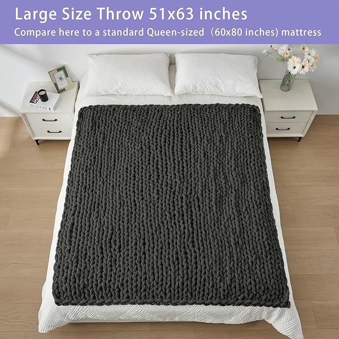 Bigacogo Chunky Knit Throw Blanket for Couch, 51x63 inches, 100% Hand Knitted with Thick Jumbo Chenille Yarn, Cozy Soft Large Rope Knot Cable Crochet Blankets for Sofa Bed Living Room, Dark Grey