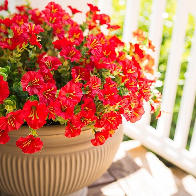 Artificial Flowers for Outdoors Fake Plants Outside Decoration, 12 Bundles Silk Red Morning Glory UV Resistant Look Real Faux Flowers for Planter Front Door Porch Patio Yard Gardens Balcony