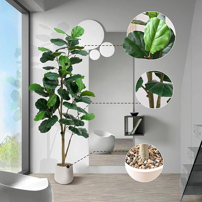 Artificial Fiddle Leaf Fig Tree, 6FT Tall Faux Ficus Lyrata Fake Tree in White Pot, Artificial Tree Indoor Decor, Fiddle Leaf Fig Tree Fake Plant for Home Office Living Room Decoration Modern