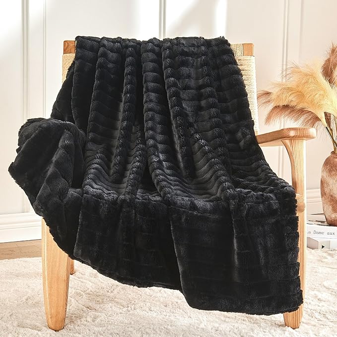 BEDELITE Faux Fur Throw Blanket for Couch, Soft and Cozy 3D Ribbed Fluffy Blanket, Thick Warm Plush Fuzzy Faux Rabbit Fur Blanket for Women Gift (Black, 50"x 60")