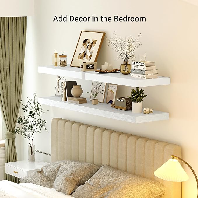 Heimlove 12 Inch Deep Floating Shelves, 48 x 12 inches Long, Large Display & Storage Shelf, Rustic Wood Wall Shelves for Fireplace Mantel, Set of 1(White)